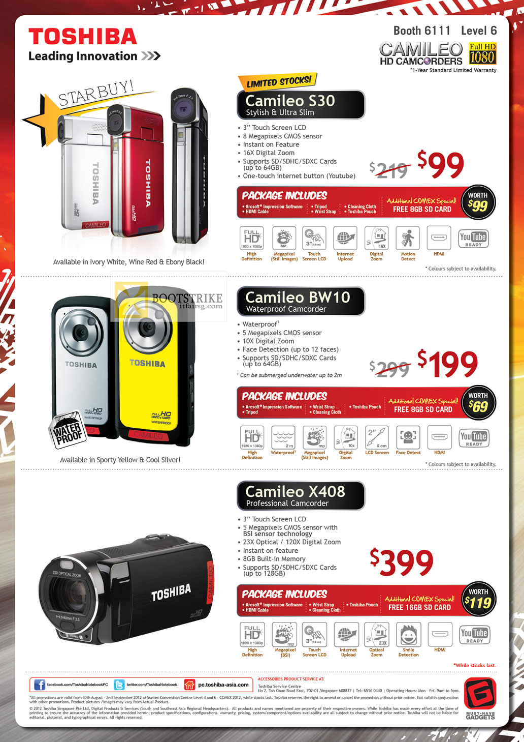 COMEX 2012 price list image brochure of Toshiba Video Camcorders Camileo S30, BW10, X408