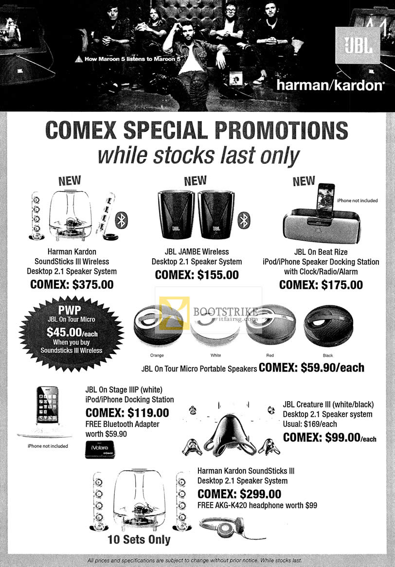 COMEX 2012 price list image brochure of Unknown JBL Speakers Harman Kardon Soundsticks III Wireless, Jambe, On Beat Rize, On Stange IIIP, Creature III