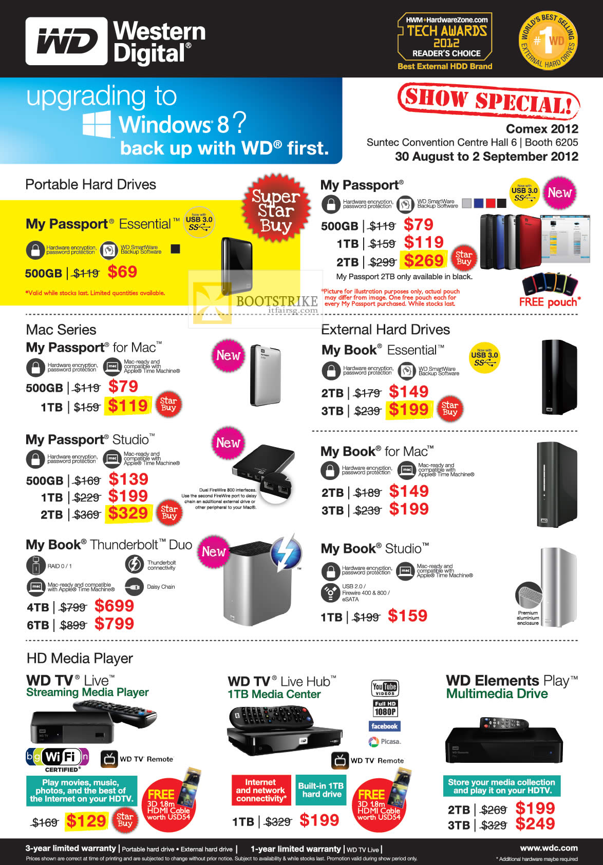 COMEX 2012 price list image brochure of Western Digital External Storage My Passport Essential, My Book Essential, My Book Thunderbolt Duo, My Book Studio, Media Player WD TV Live, TV Live Hub, Elements Play