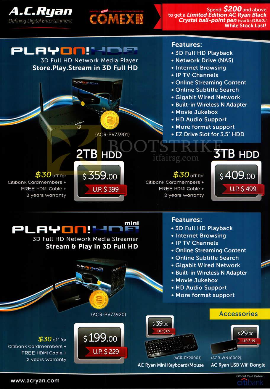 COMEX 2013 price list image brochure of AC Ryan Media Players PlayOn HD3 ACR-PV73901 2TB 3TB, PlayOn HD2 Mini ACR-PV73920, Keyboard, Wifi Dongle