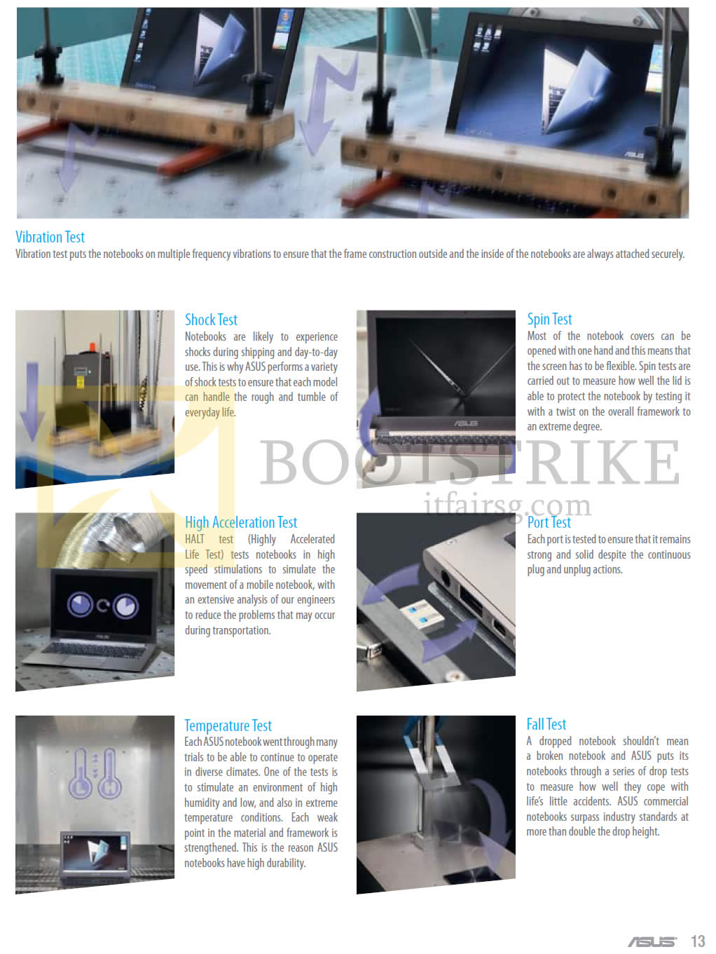 COMEX 2013 price list image brochure of ASUS About Tests Shock, Spin, High Acceleration, Port, Temperature, Fall