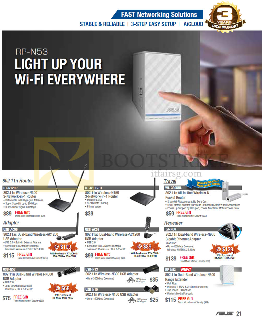 COMEX 2013 price list image brochure of ASUS Networking Routers, Adapters, Repeaters RT-N12HP, RT-N10U B1, WL-330NUL, USB-AC56 AC53, EA-N66, USB N53-N13 N10, RP-N53