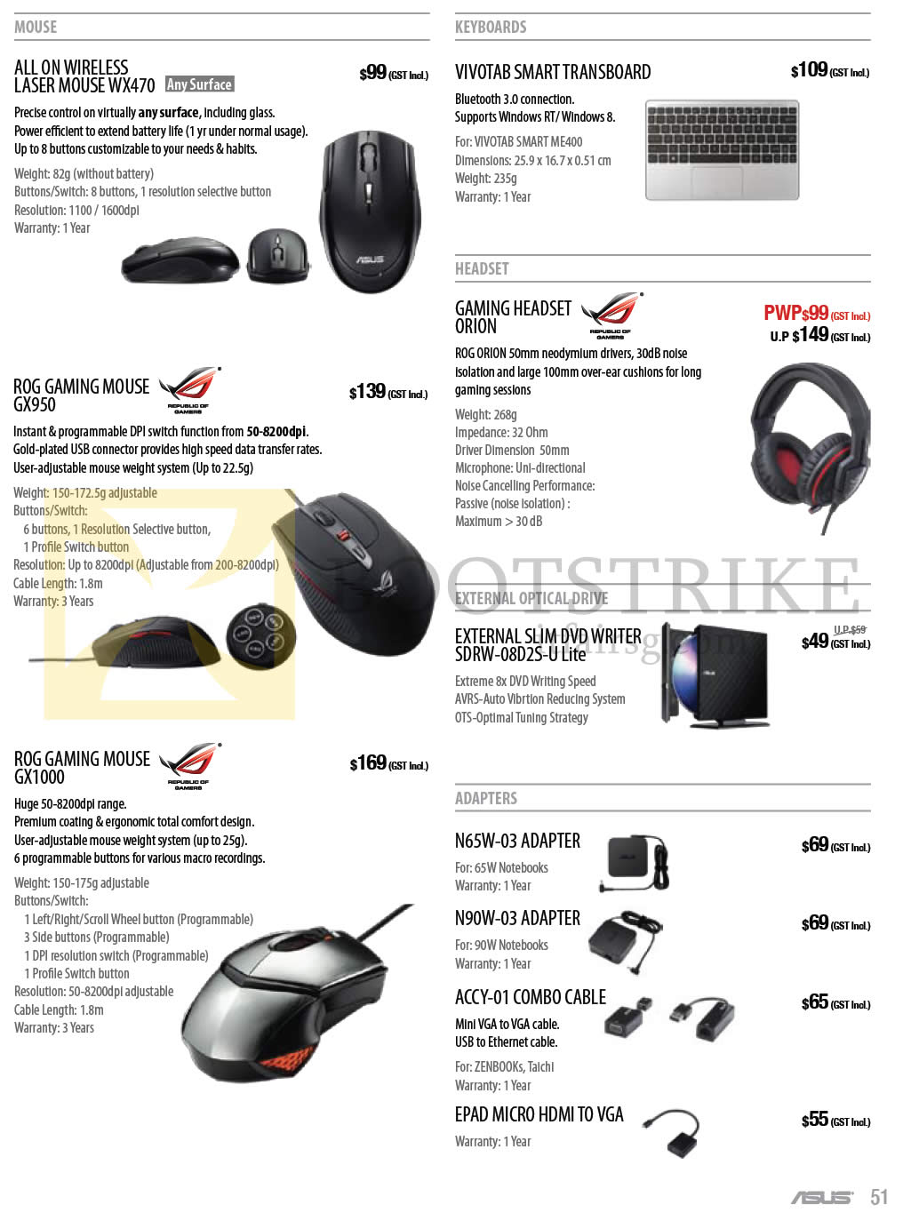 COMEX 2013 price list image brochure of ASUS Notebooks Accessories Mouse WX470, ROG GX950, GX1000, Orion Headset, External Optical Drive, Adapters