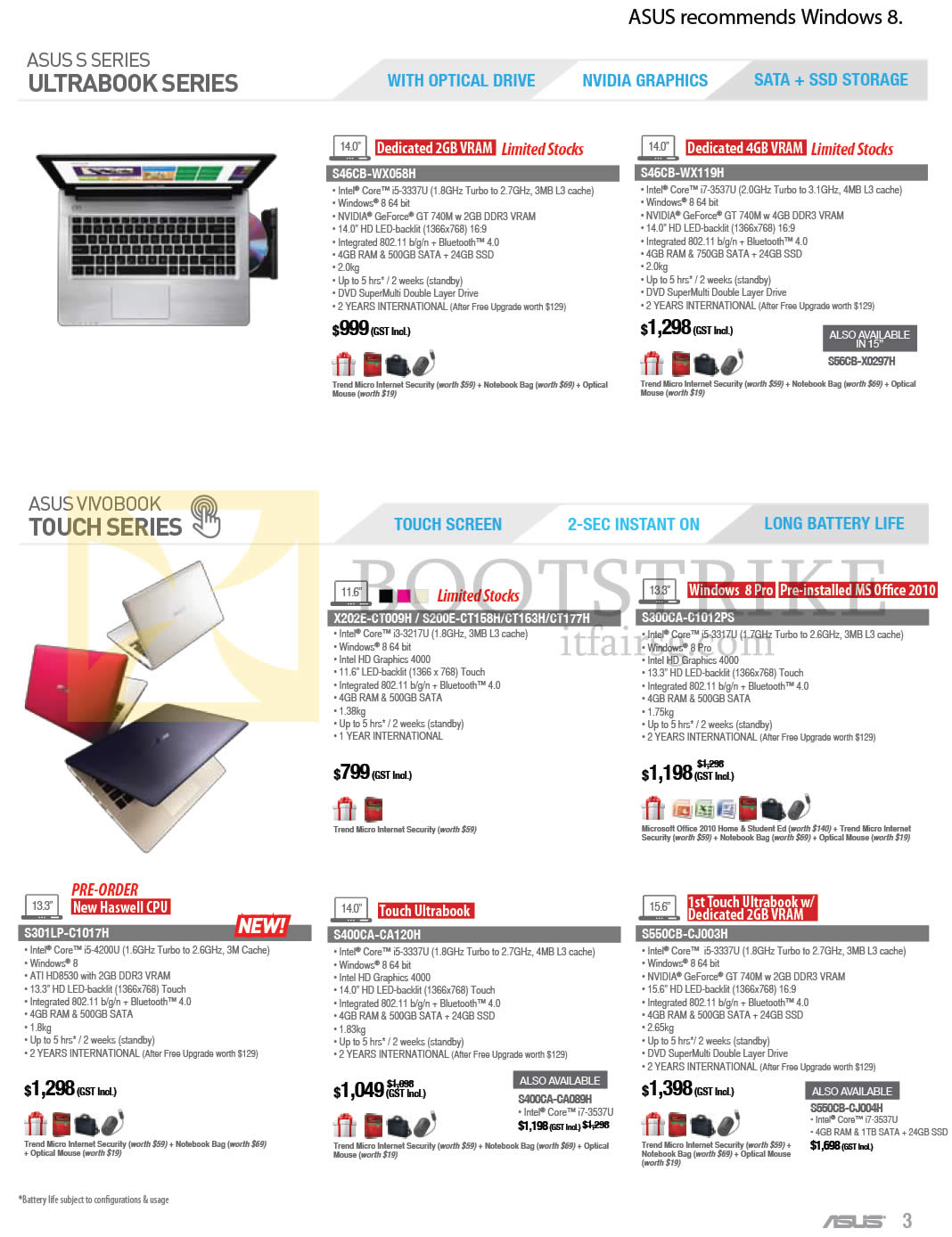 COMEX 2013 price list image brochure of ASUS Notebooks S46CB-WX058H WX119H, Vivobook X202E-CT009H, S200E-CT158H CT163H CT177H, S300CA-C1012PS, S301LP-C1017H, S400CA-CA120H, S550CB-CJ003H