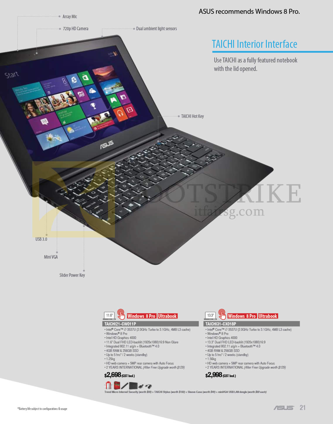 COMEX 2013 price list image brochure of ASUS Notebooks Taichi TAICHI21-CW011P, TAICHI31-CX018P