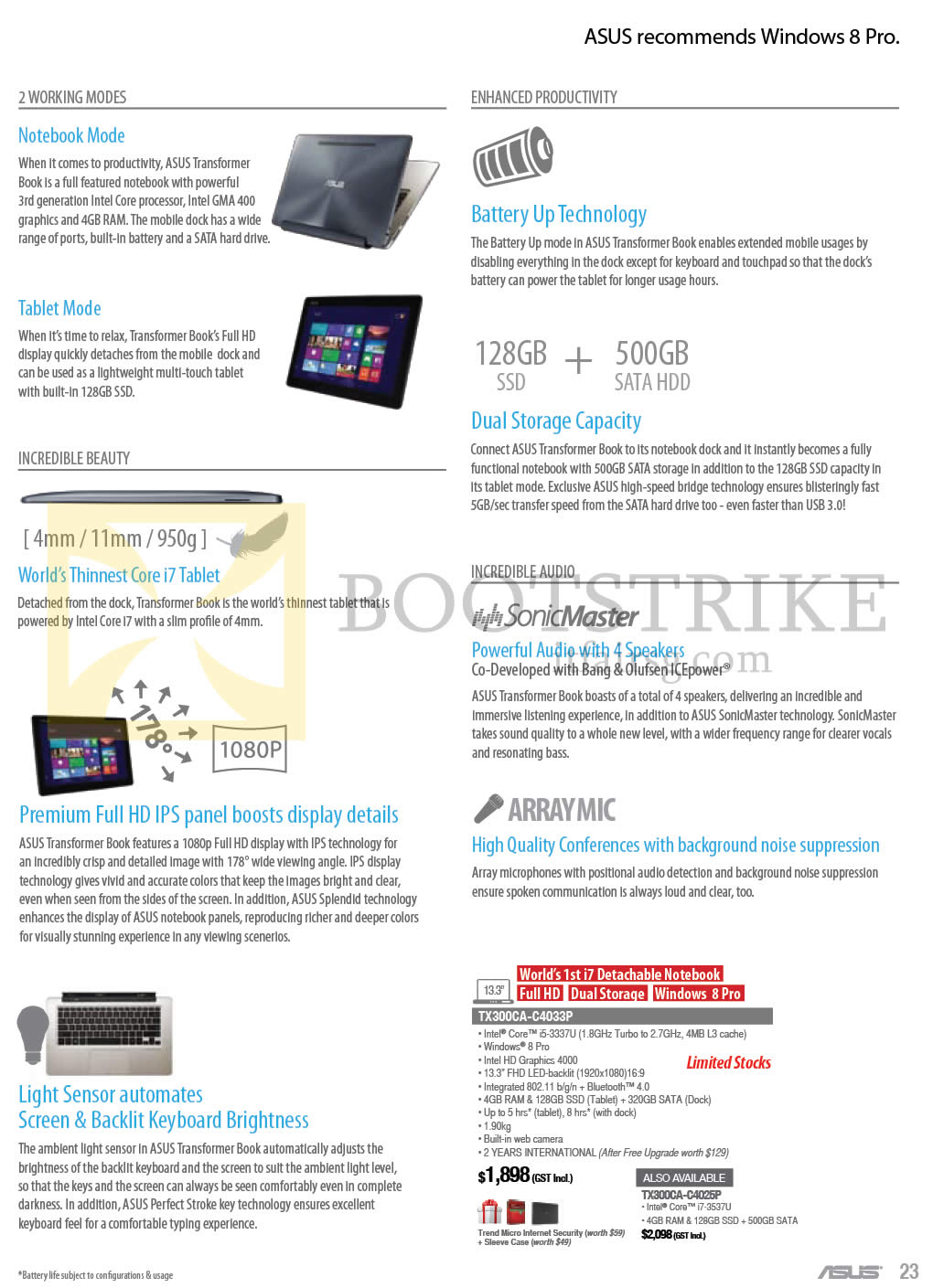 COMEX 2013 price list image brochure of ASUS Notebooks Transformer Book Features Working Modes, Beauty, Audio, Productivity, TX300CA-C4033P, TX300CA-C4025P