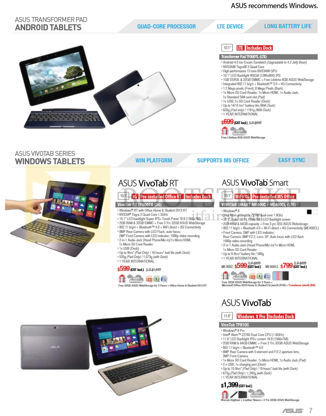 COMEX 2013 price list image brochure of ASUS Notebooks Transformer Pad TF300TL, VivoTab RT TF600TG, VIVOTAB SMART ME400C, ME400CL, TF810C