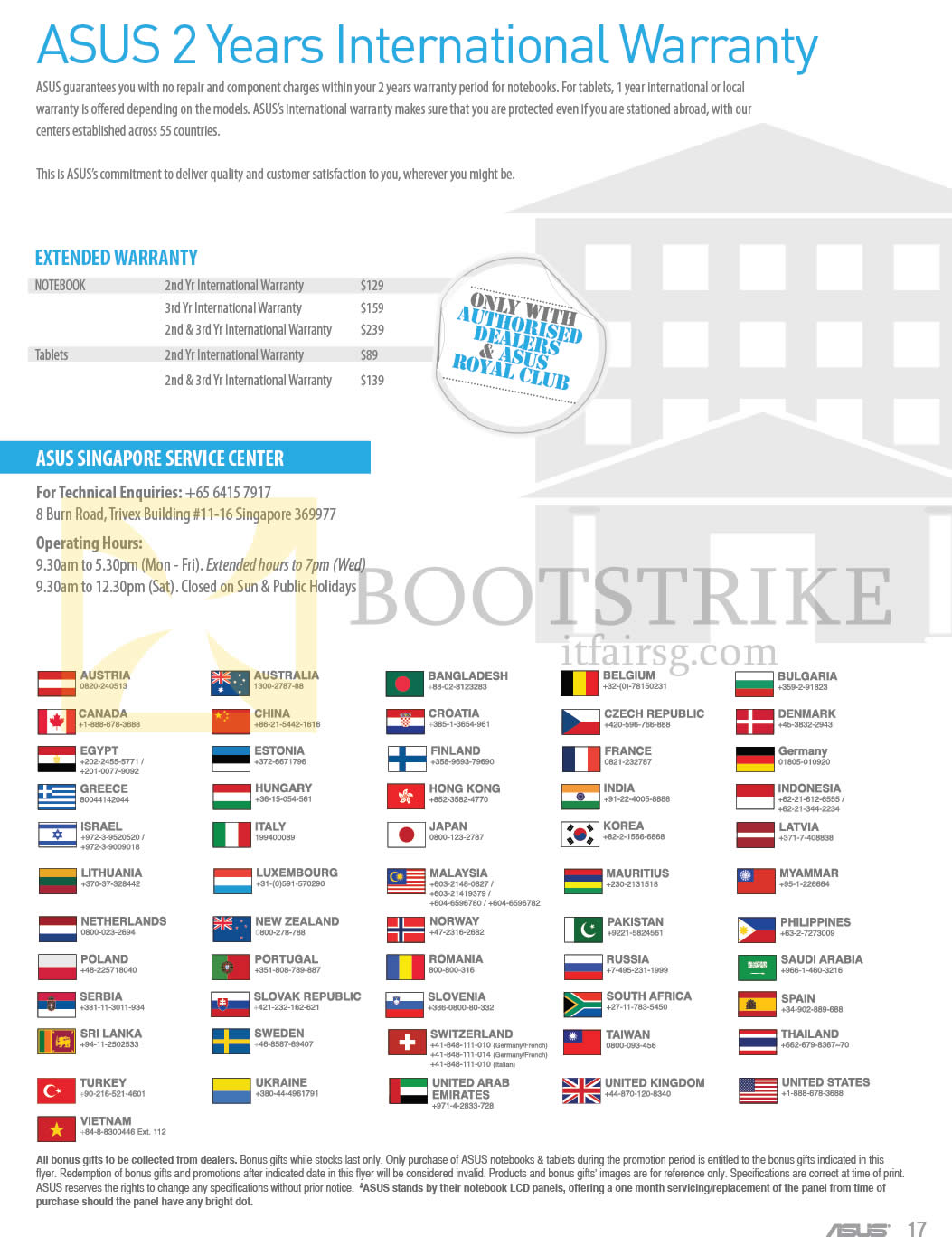 COMEX 2013 price list image brochure of ASUS Notebooks Two Years International Warranty, Contact Numbers, Countries