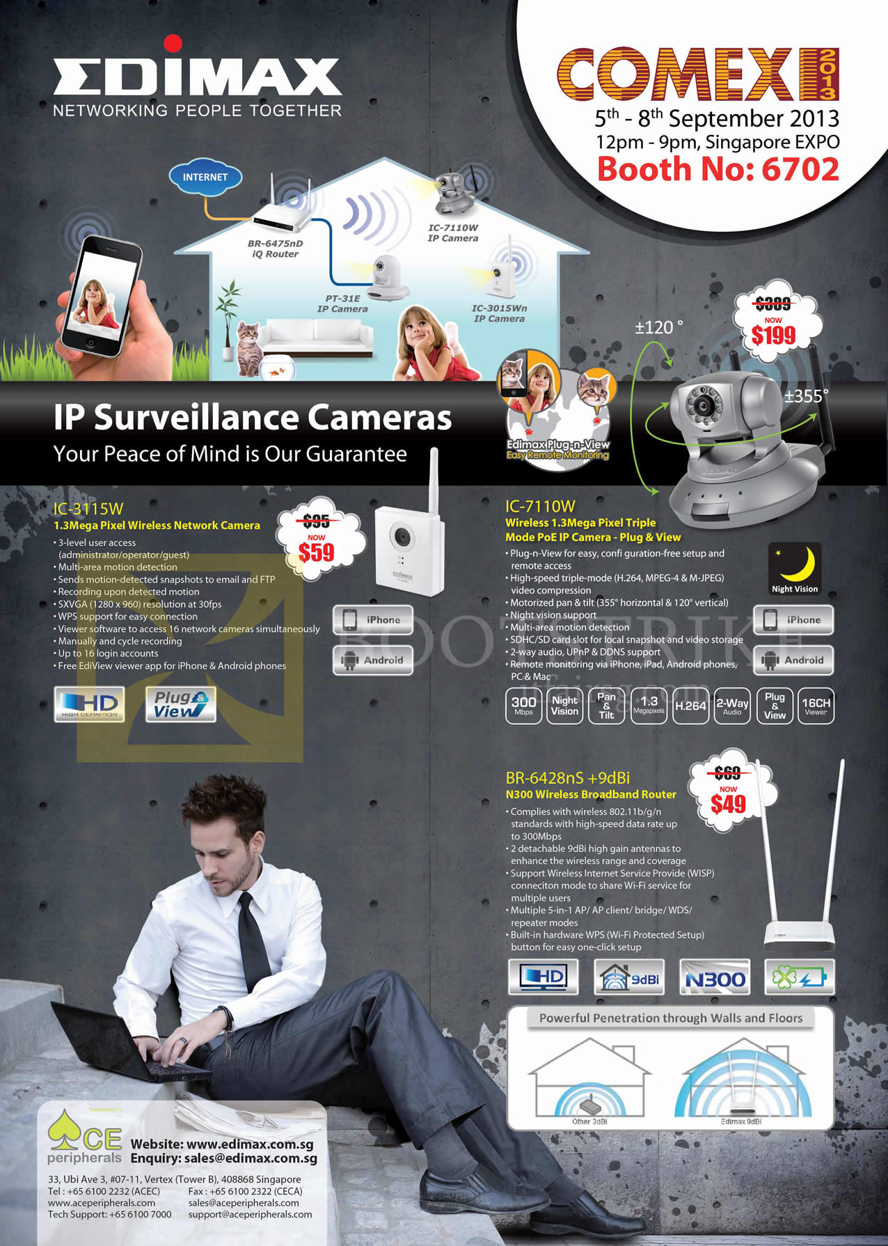 COMEX 2013 price list image brochure of Ace Peripherals Edimax IPCam IC-3115W IC-7110W, Router BR-6428nS