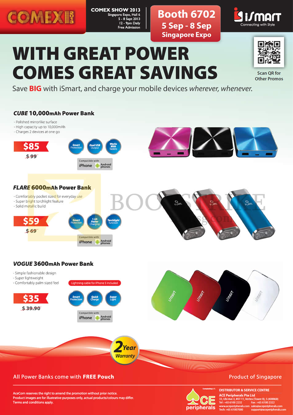 COMEX 2013 price list image brochure of Ace Peripherals ISmart External Charger, Cube, Flare, Vogue, Power Bank