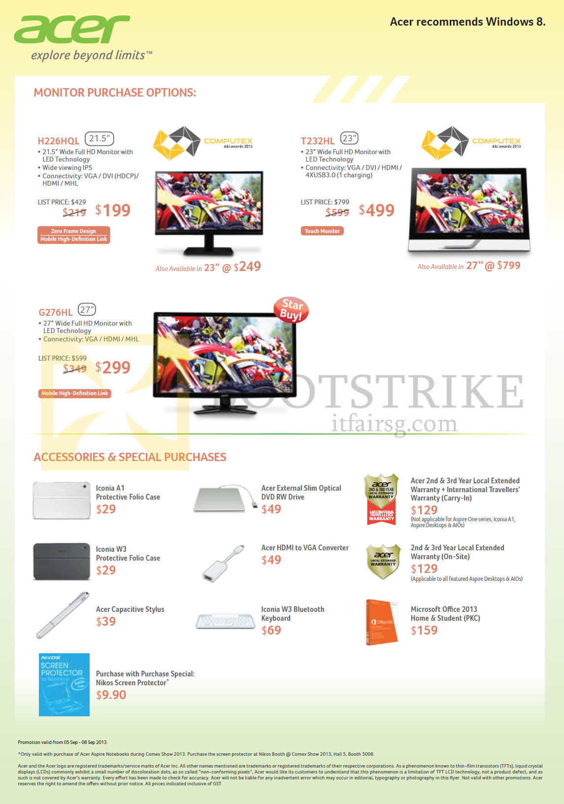 COMEX 2013 price list image brochure of Acer Monitors LED H226HQL, T232HL, G276HL, Accessories Case, Warranty, Microsoft Office 2013, External Optical Drive