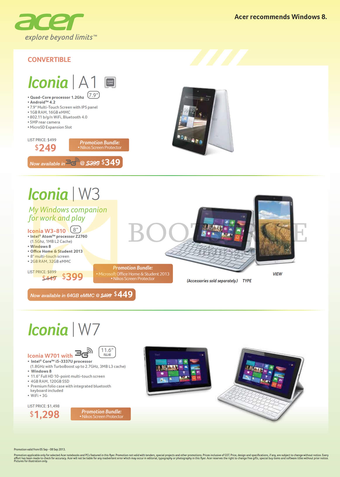 COMEX 2013 price list image brochure of Acer Tablets Iconia W3-810, A1, W701