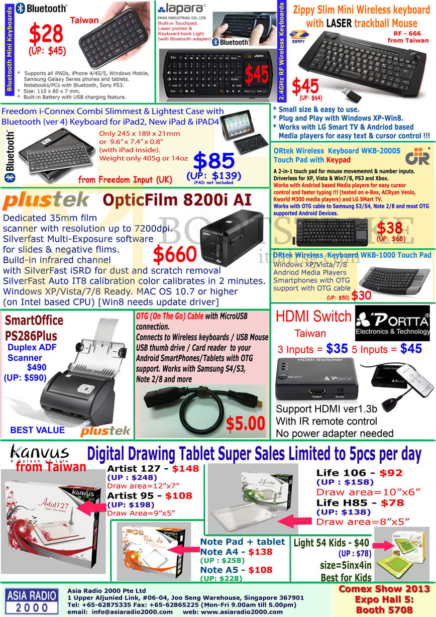 COMEX 2013 price list image brochure of Asia Radio Accessories Bluetooth Keyboard, Zippy, Scanner Plustek OpticFilm 8200i, SmartOffice PS286Plus, HDMI Switch, Kanvus Drawing Tablet