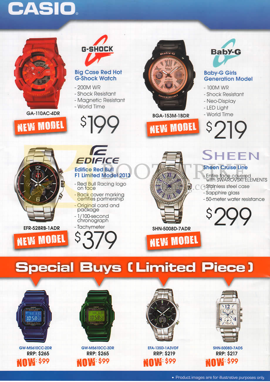 COMEX 2013 price list image brochure of Casio Watches G-Shock GA-110AC-4DR, Baby-G BGA-153M-1BDR, Edifice EFR-528RB-1ADR, Sheen SHN-5008D-7ADR