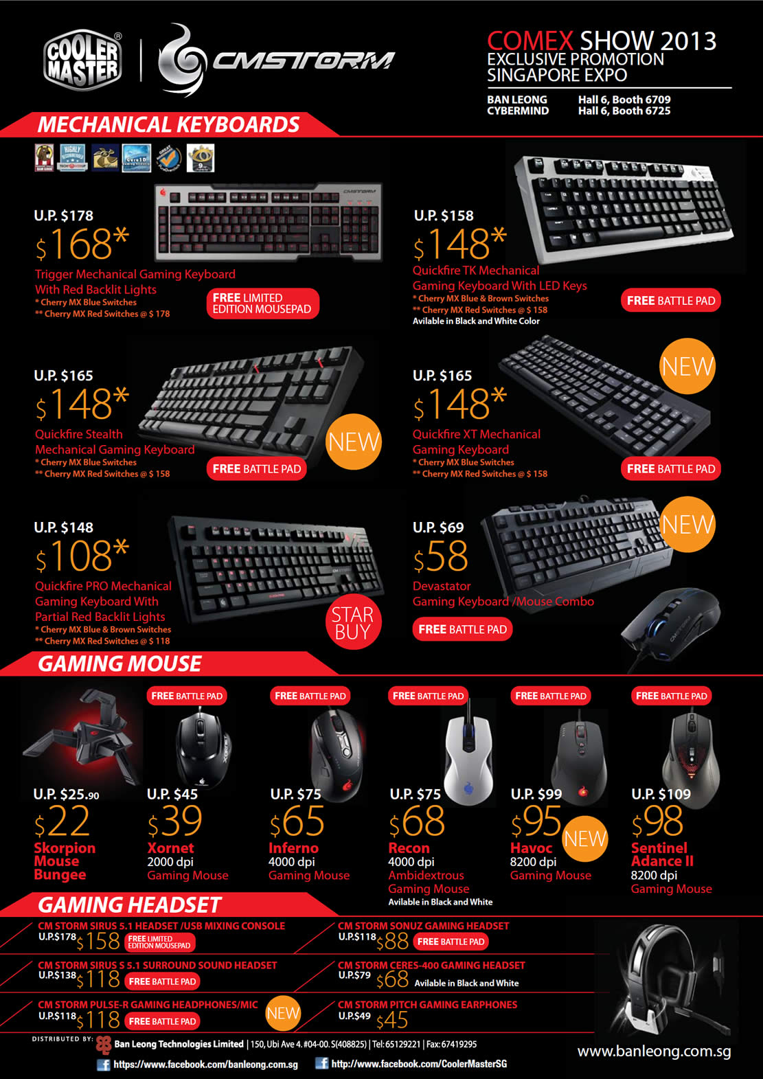 COMEX 2013 price list image brochure of Cooler Master CMStorm Mechanical Keyboards Trigger Quickfire TK Stealth XT Pro Devastator, Mouse Recon Havoc, Headset Pulse Sonuz Ceres Pitch