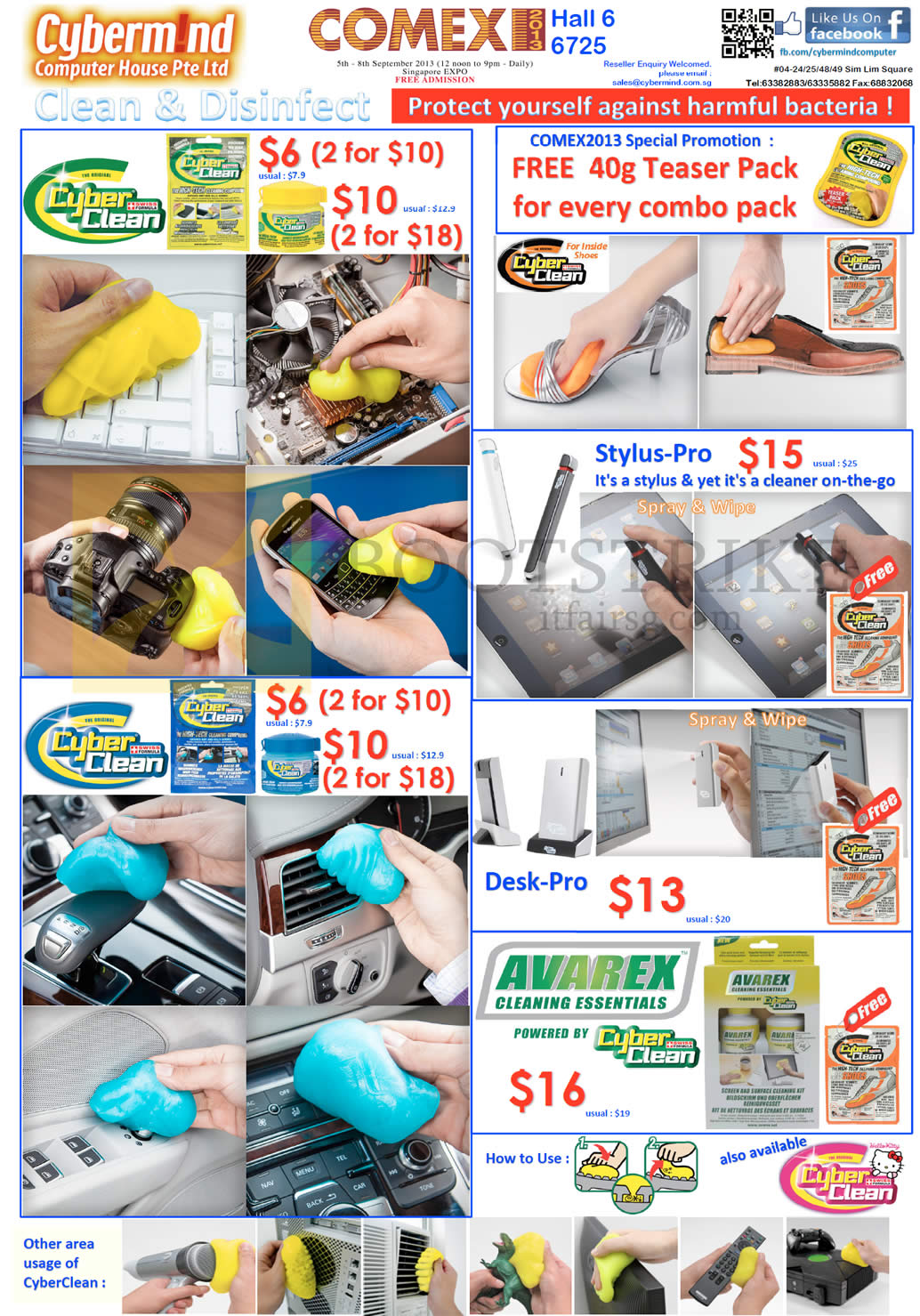 COMEX 2013 price list image brochure of Cybermind CyberClean Clean N Disinfect, Stylus-Pro, Desk-Pro, Avarex