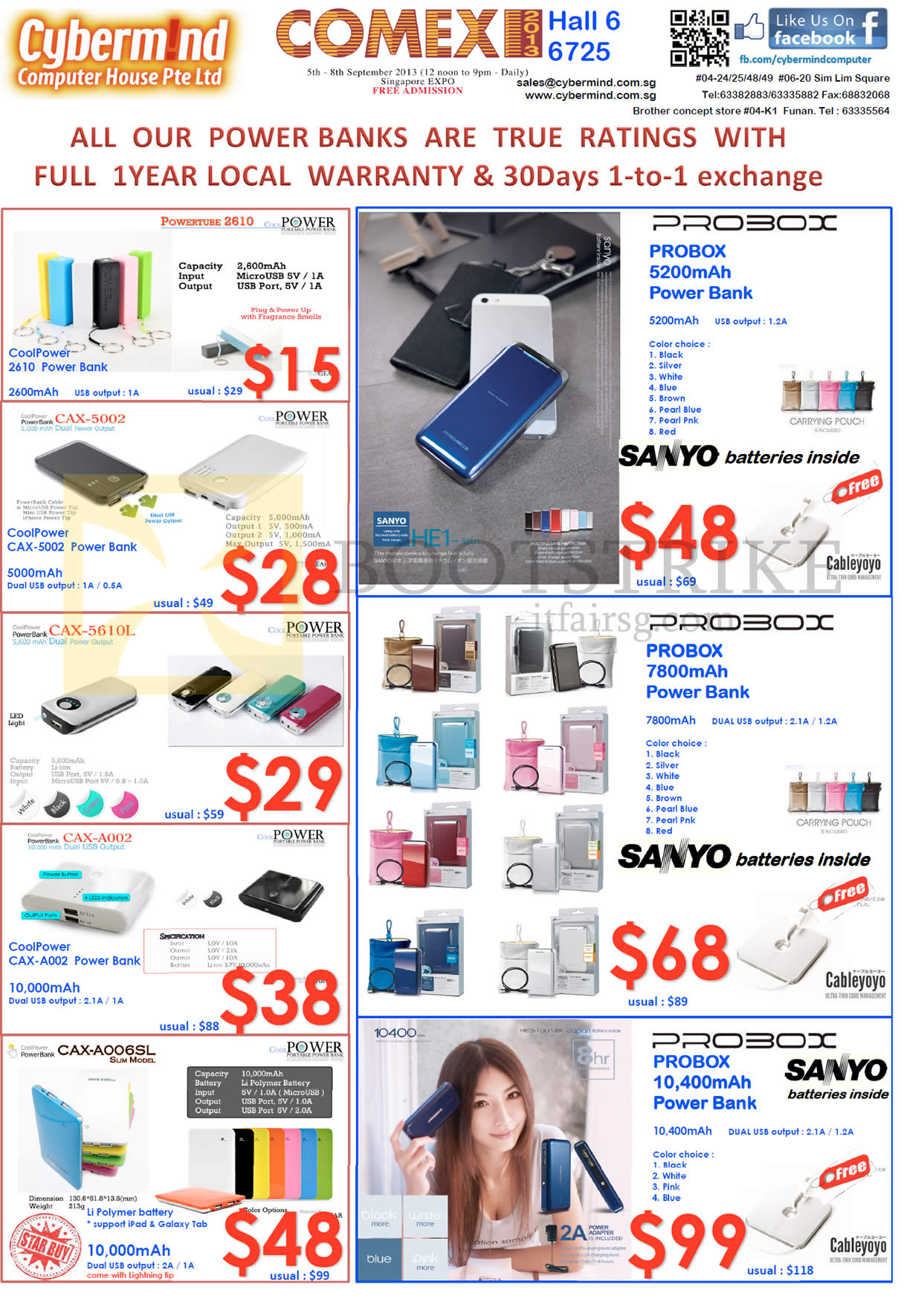 COMEX 2013 price list image brochure of Cybermind External Charger Power Banks, Powertube 2610, Probox, Coolpower, Sanyo, Cableyoyo