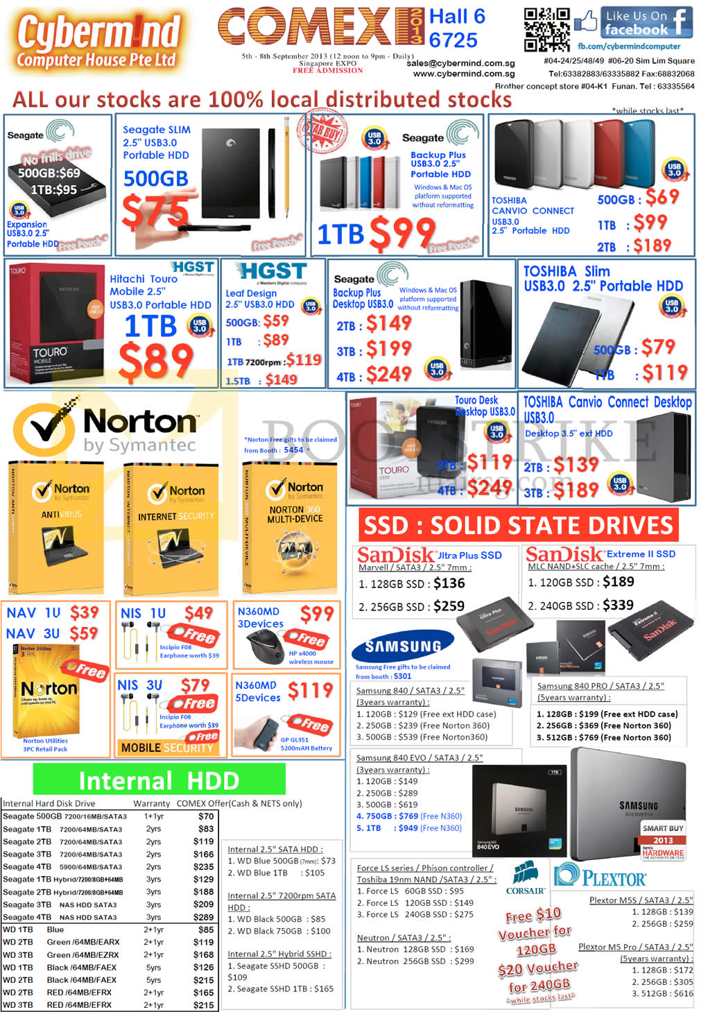 COMEX 2013 price list image brochure of Cybermind External Storage Seagate, HGST Hitachi Touro, Toshiba, SSD, Samsung, 500TB, 1TB, 2TB, 3TB, 4TB, Backup Plus, Canvio Connect, Plextor, Sandisk