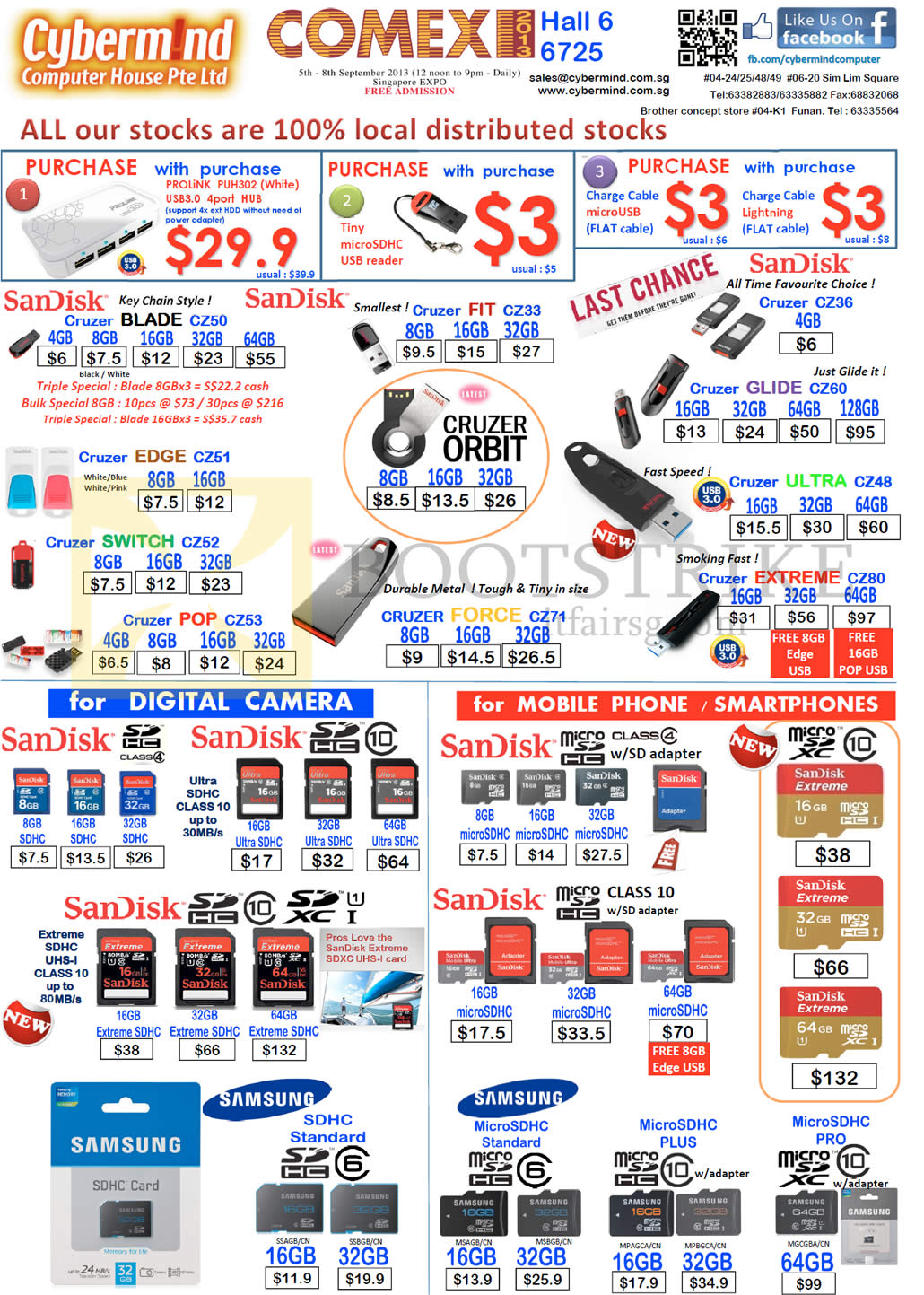 COMEX 2013 price list image brochure of Cybermind Flash Memory Sandisk Cruzer Blade 4GB 8GB 16GB 32GB 64GB, Fit Edge Switch Pop Glide Ultra Extreme Force Orbit, SDHC Samsung, MicroSD, MicroSDHC Pro