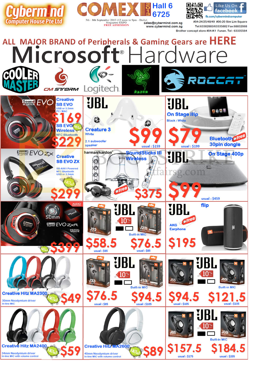 COMEX 2013 price list image brochure of Cybermind Headphones Creative Sound Blaster Evo Wireless, ZX, ZXR, JBL, Hitz, Creature 3 Speakers, On Stage, J22i, Flip, J33i, J55i, J88i