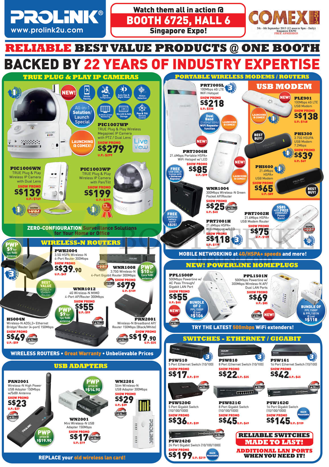 COMEX 2013 price list image brochure of Cybermind Prolink IPCam, Wireless Modem Router, USB Modem Router, Powerline Homeplug, Wireless Adapters, Switch