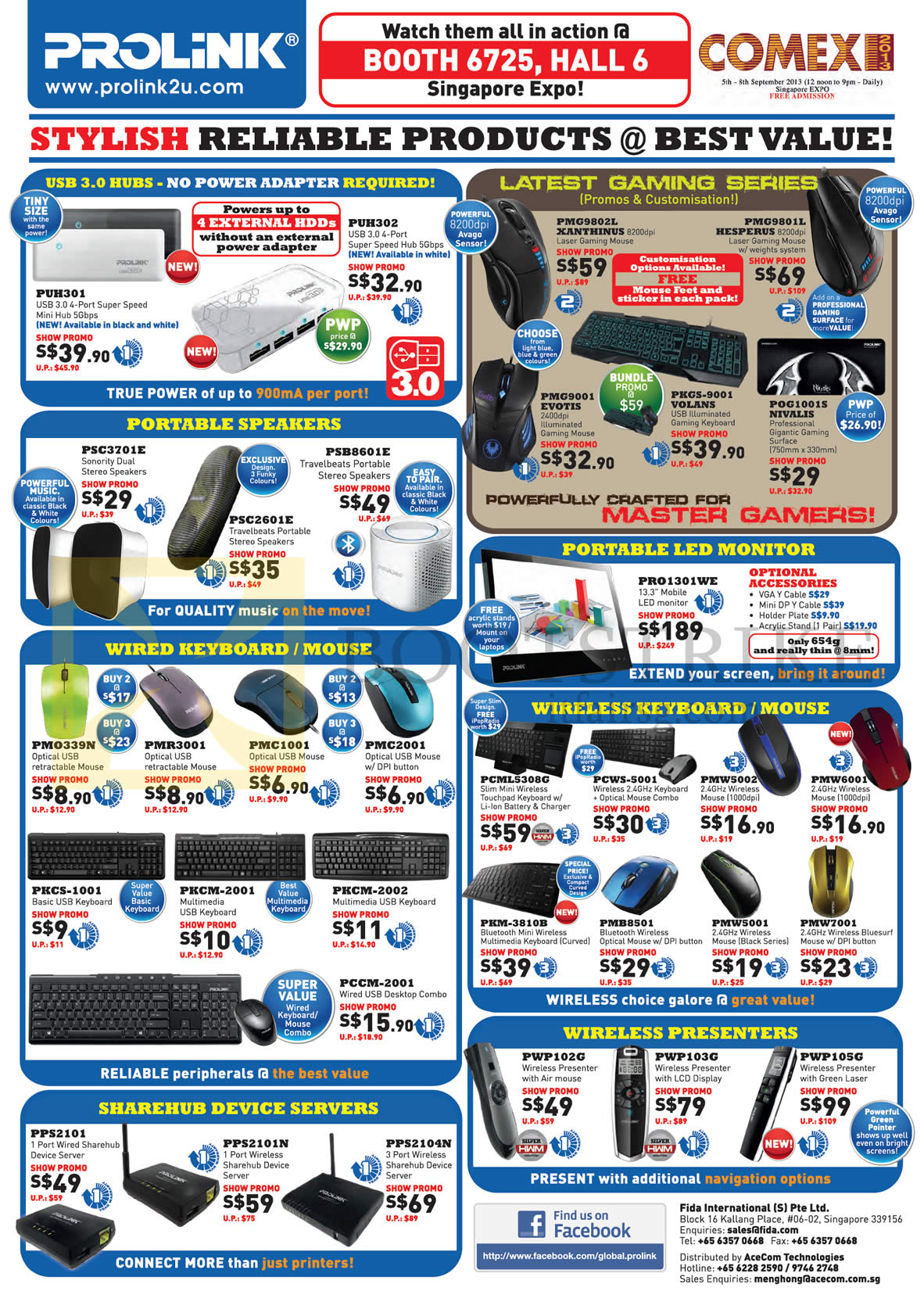 COMEX 2013 price list image brochure of Cybermind Prolink USB Hubs, Mouse, Keyboards, Speakers,LED Monitor, Wireless Pointers, Presenter, Sharehub Device Servers