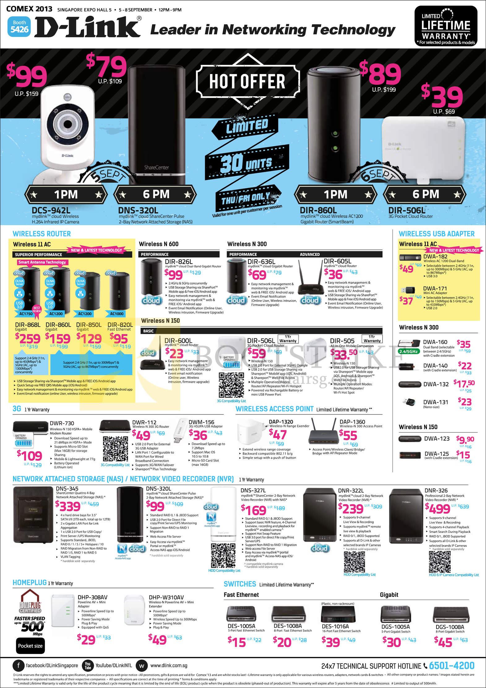 COMEX 2013 price list image brochure of D-Link Networking Routers, Wireless USB Adapters, NAS, HomePlug, Switches, Network Video Recorder, AC