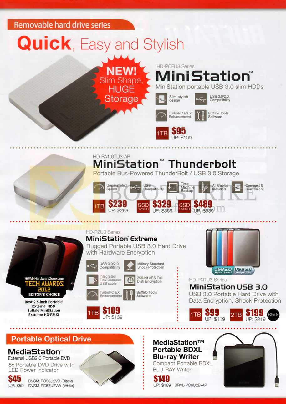 COMEX 2013 price list image brochure of ECS Buffalo External Storage MiniStation, Thunderbolt, Extreme 1TB, SSD, 2TB, MediaStation External Optical Drive, BDXL