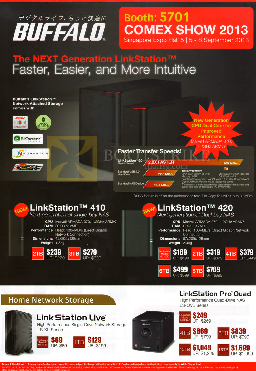 COMEX 2013 price list image brochure of ECS Buffalo NAS LinkStation 410, 420, Live, Pro Quad