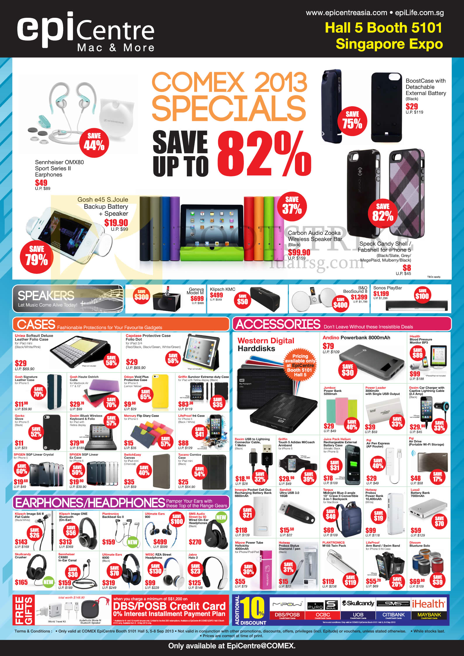 COMEX 2013 price list image brochure of Epicentre Accessories Cases, Earphones, Headphones, Power Bank External Charger, Speakers, Klipsch, Ultimate Ears, Skull Candy