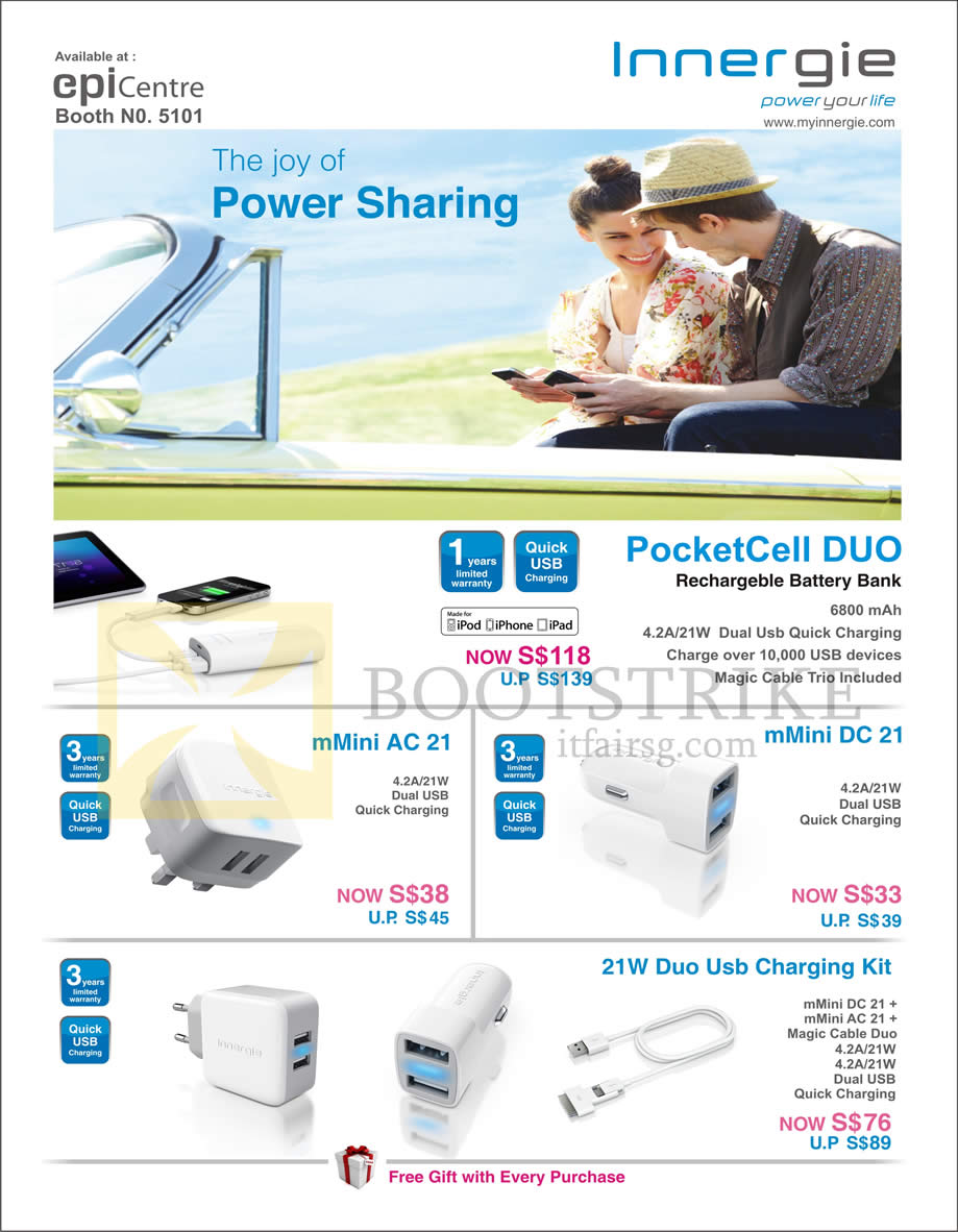 COMEX 2013 price list image brochure of Epicentre Innergie External Chargers PocketCell Duo, MMini AC21, DC21, 21W Duo USB Charging Kit