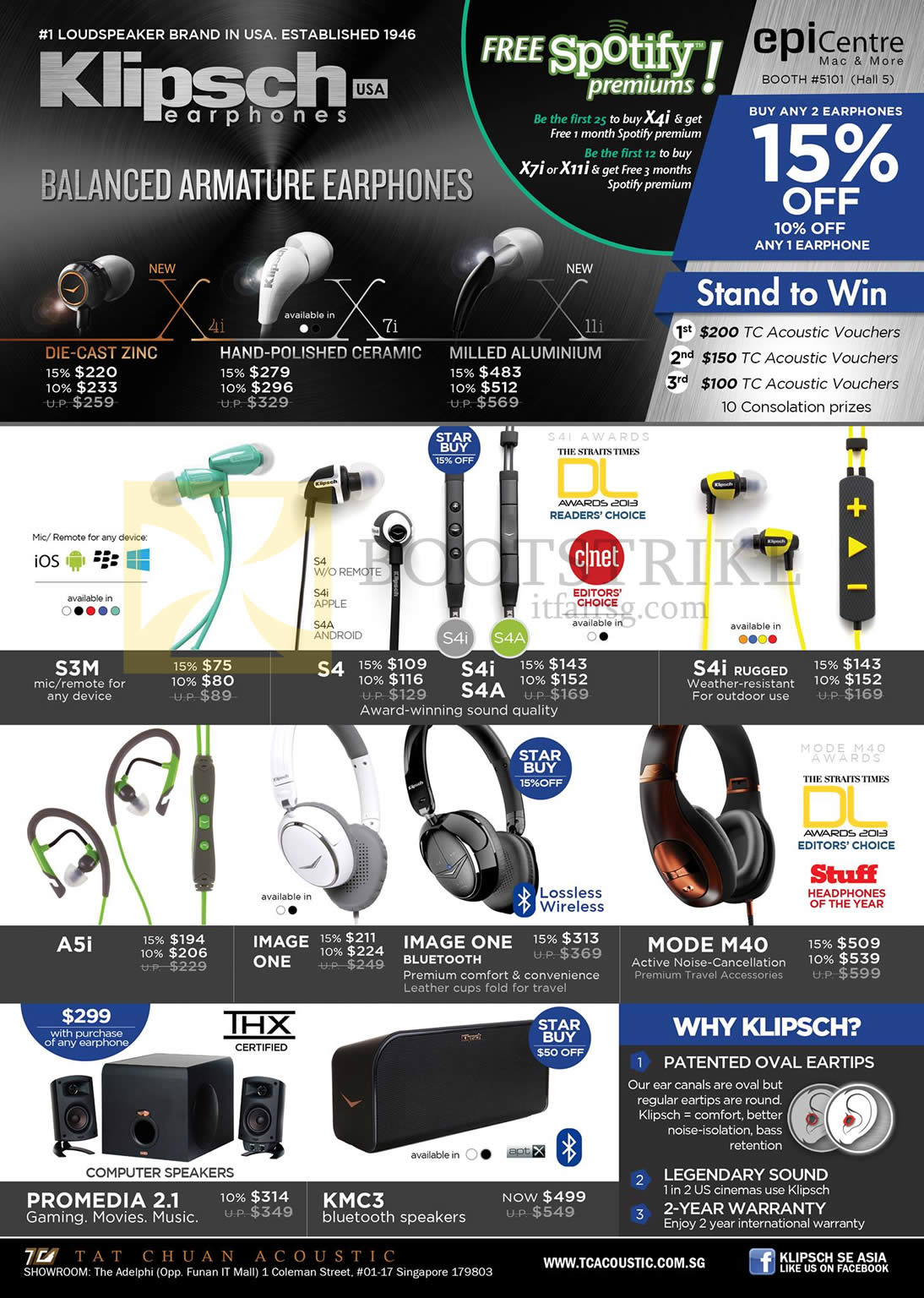 COMEX 2013 price list image brochure of Epicentre Klipsch Earphones X4i, X7i, 11i, S3M, S4, S4i, S4a, A5i, Image One, Mode M40 Headphones, Promedia 2.1 Speakers, KMC3