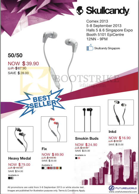 COMEX 2013 price list image brochure of Epicentre Skullcandy Earphones 50 50, Heavy Medal, Fix, Smokin Buds, Inkd