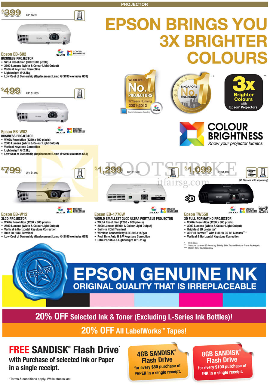 COMEX 2013 price list image brochure of Epson Projectors EB-S02, EB-W02, EB-W12, EB-1776W, TW550