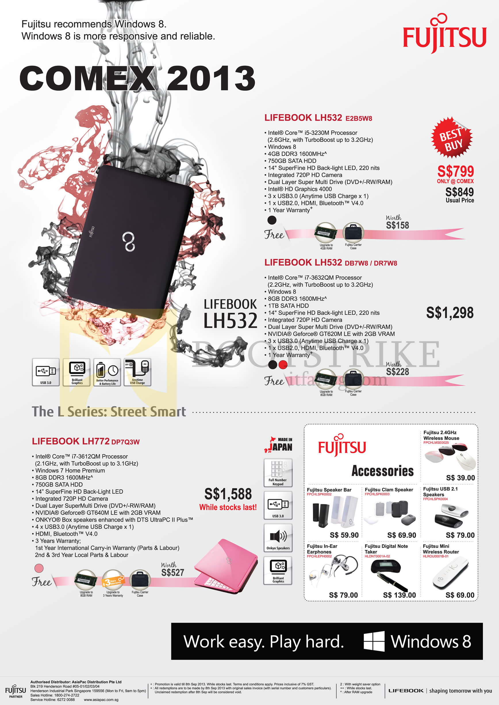 COMEX 2013 price list image brochure of Fujitsu Newstead Notebooks Lifebook LH532 E2B5W8 DB7W8 DR7W8, LH772 DP7Q3W