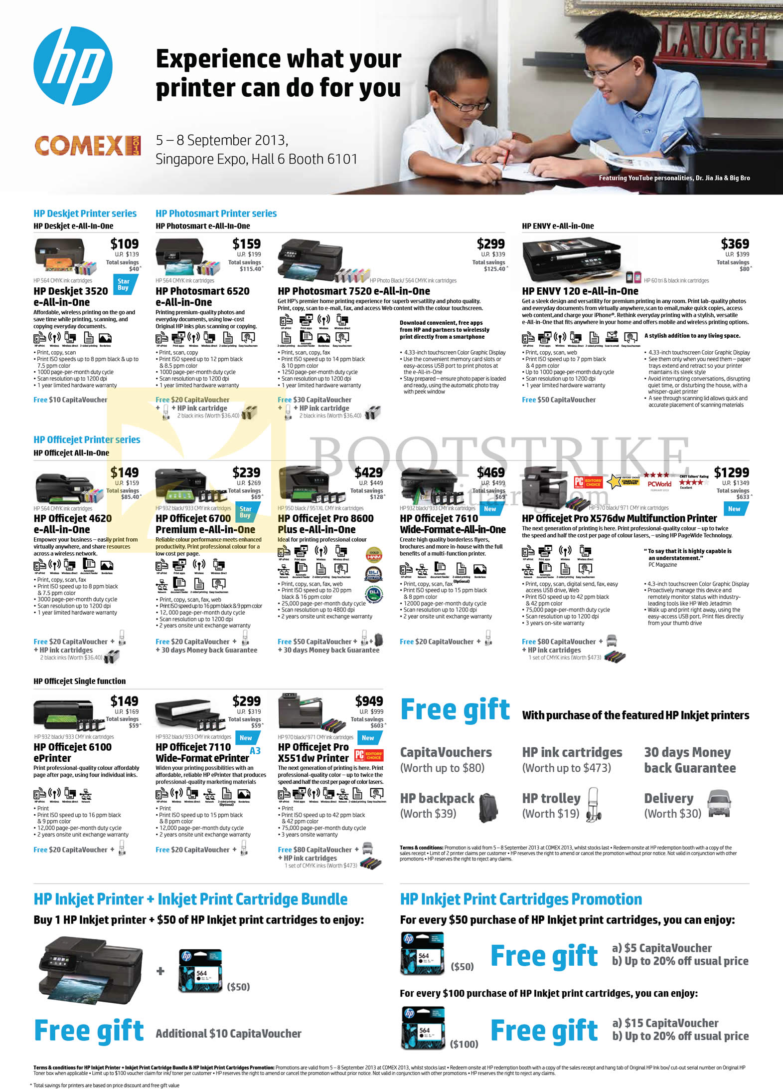 COMEX 2013 price list image brochure of HP Printers Deskjet 3520, Photosmart 6520, 7520, ENVY 120, Officejet 4620, 6700, Pro 8600, 7610, Pro X576dw, 6100, 7110, Pro X551dw