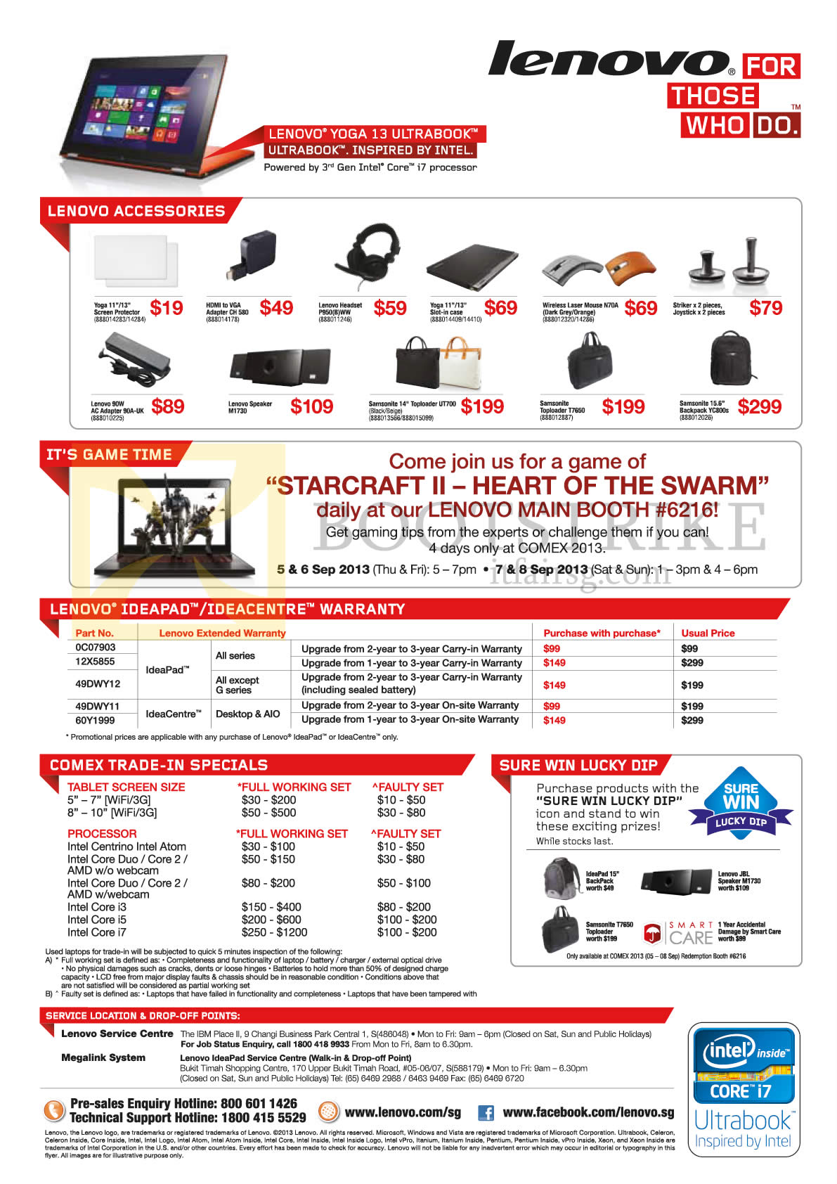 COMEX 2013 price list image brochure of Lenovo Accessories, Mouse, Speakers, Bags, Starcraft II, Warranty, Trade-In