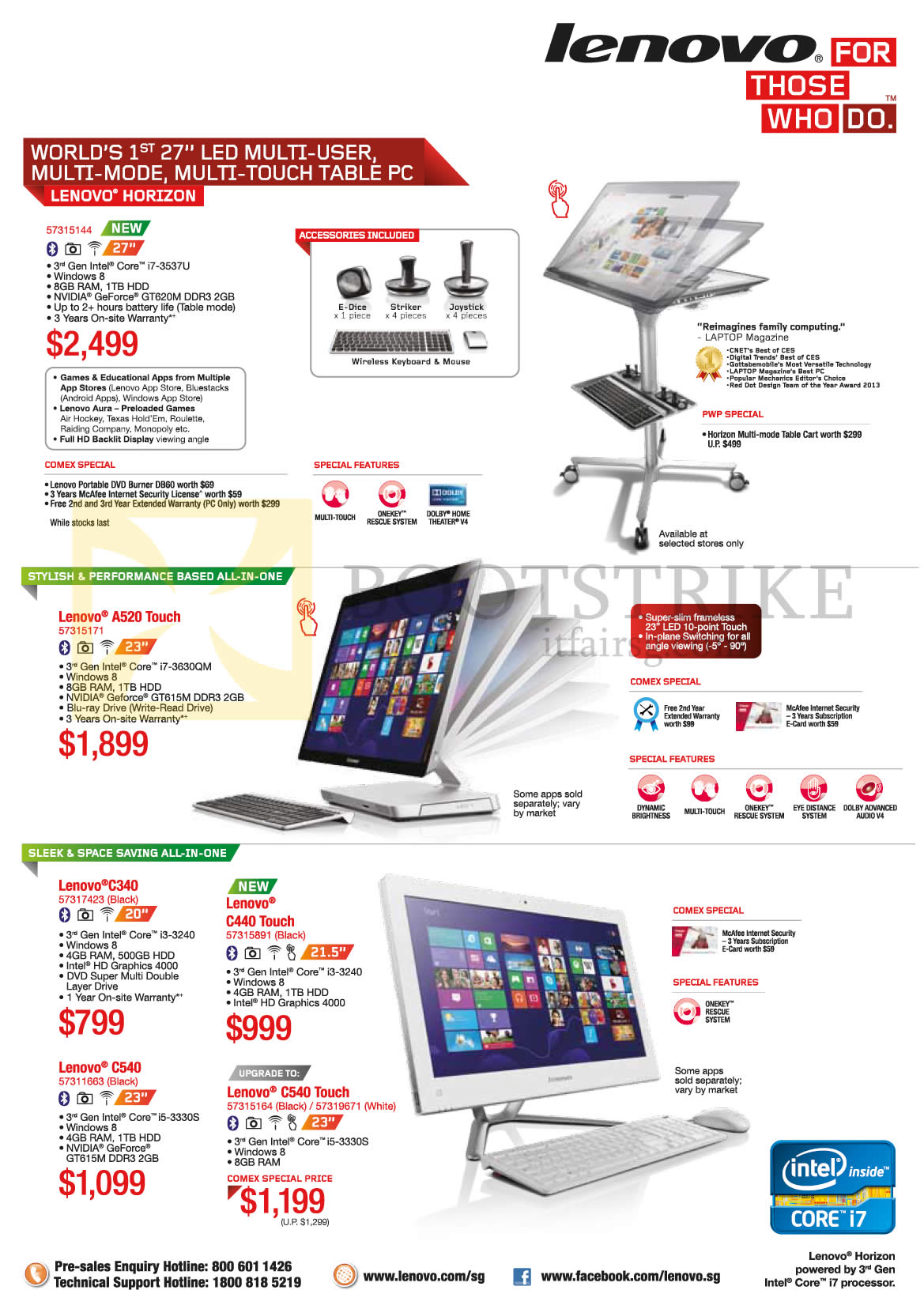 COMEX 2013 price list image brochure of Lenovo Desktop PC AIO Horizon, A520 Touch, C340, C440 Touch, C540