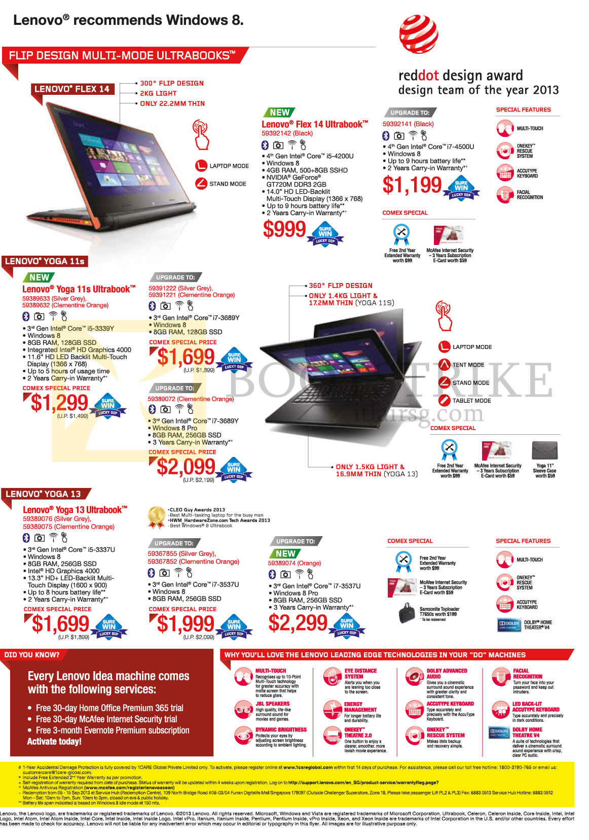 COMEX 2013 price list image brochure of Lenovo Notebooks Flex 14, Yoga 11s, Yoga 13