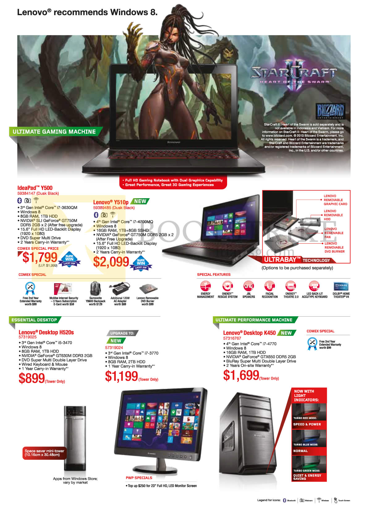 COMEX 2013 price list image brochure of Lenovo Notebooks Ideapad Y500, Y510p, Desktop PC H520s, K450