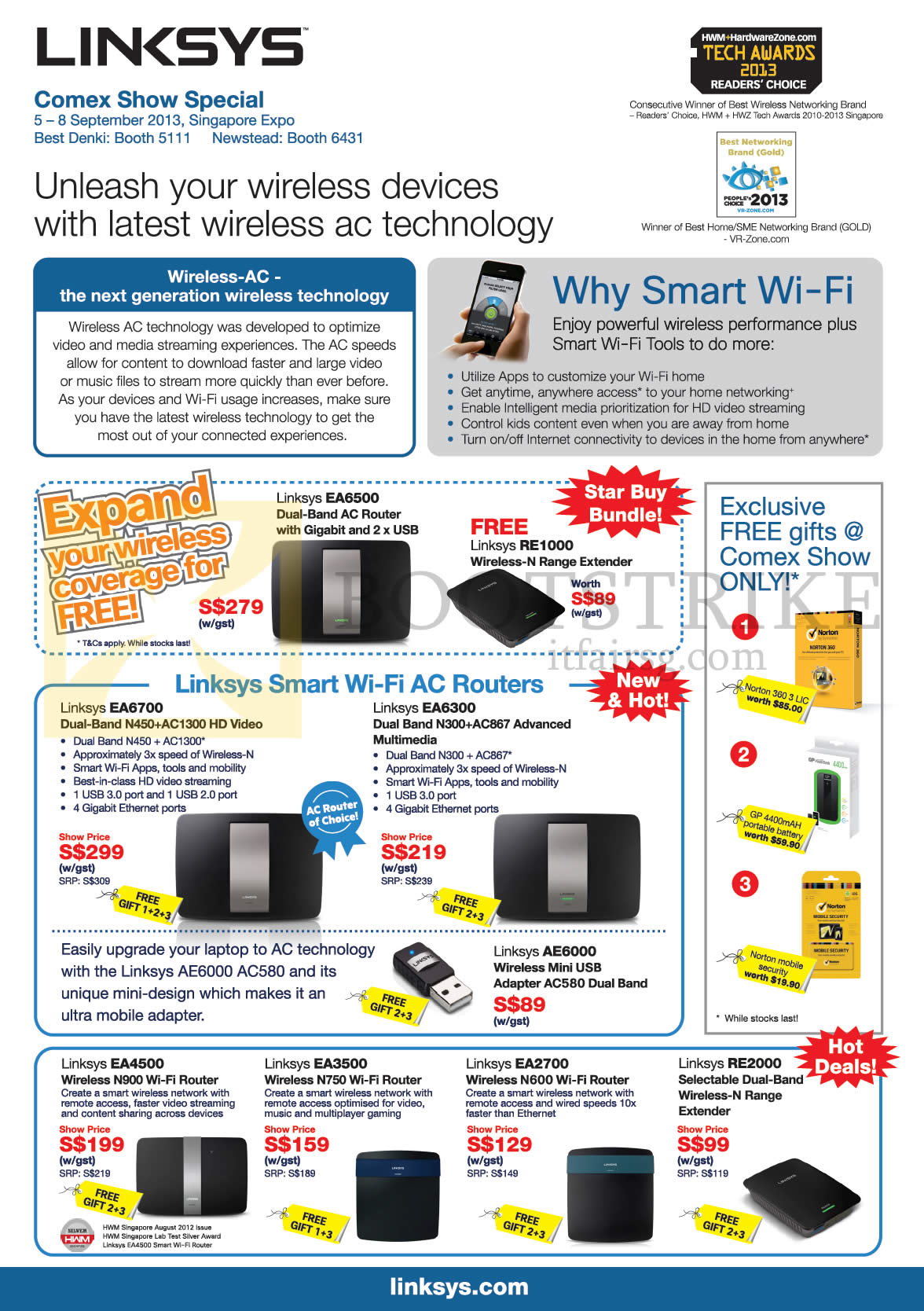 COMEX 2013 price list image brochure of Linksys Networking Wireless Routers EA6500, AC EA6700, EA6300, EA4500, EA3500, EA2700, RE2000