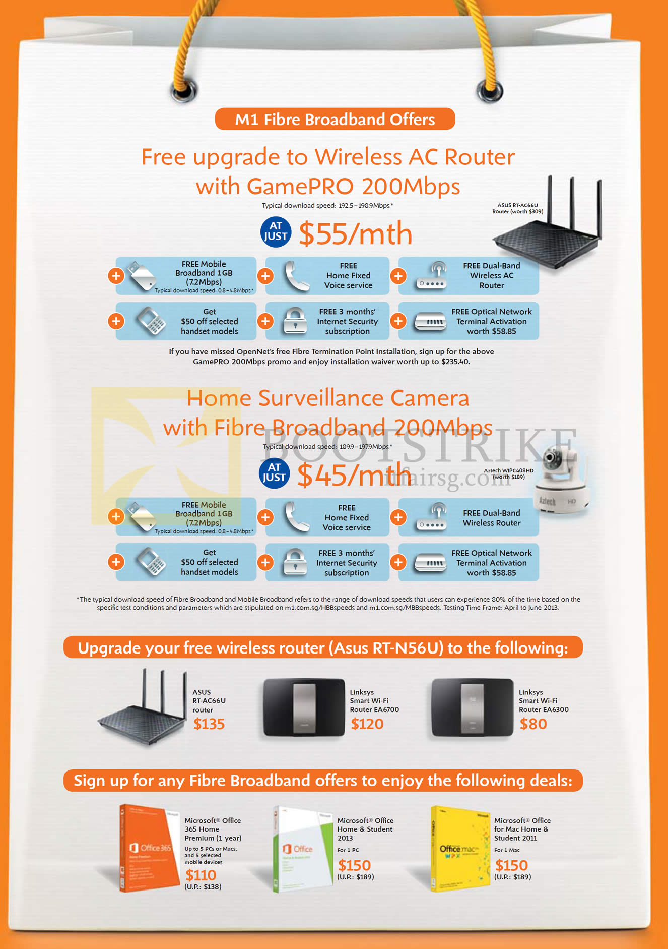 COMEX 2013 price list image brochure of M1 Broadband Fibre Free Wireless AC Rounter GamePro 200Mbps, Home Surveillance Camera, ASUS Routers, Microsoft Office 365, Office 2013