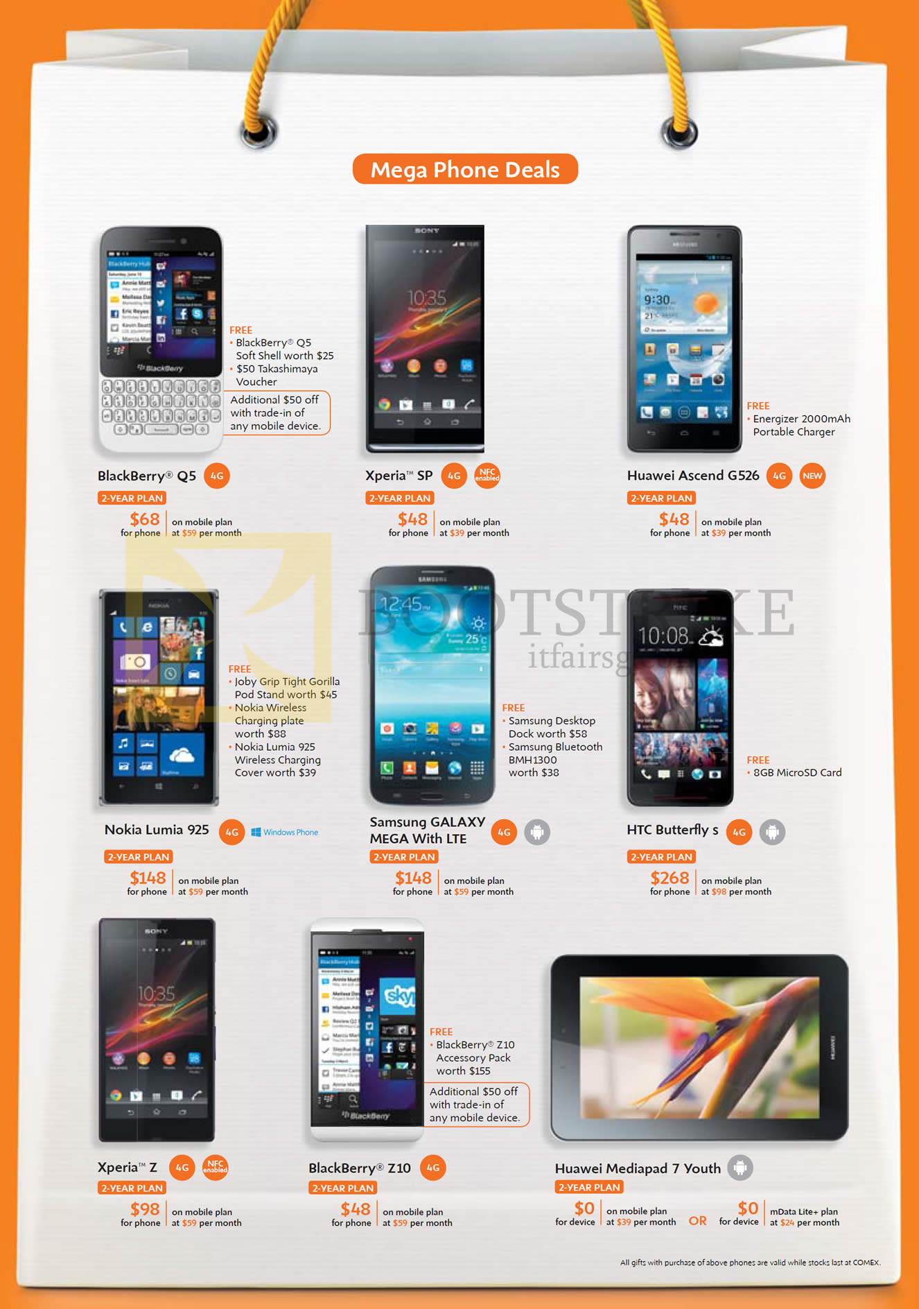 COMEX 2013 price list image brochure of M1 Mobile Blackberry Q5, Z10, Sony Xperia SP, Z, Huawei Ascend G526, Mediapad 7 Youth, Nokia Lumia 925, Samsung Galaxy Mega, HTC Butterfly S