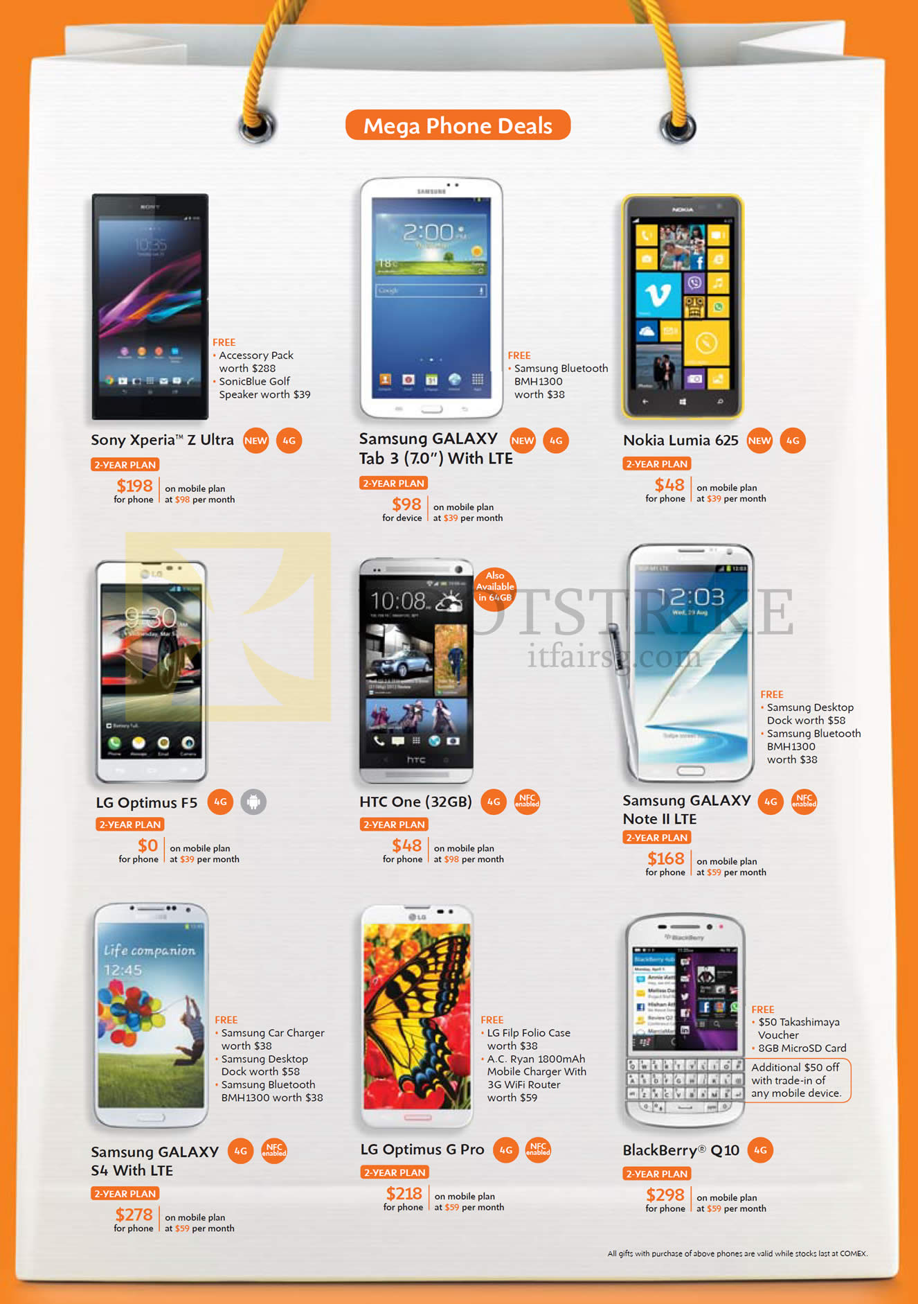 COMEX 2013 price list image brochure of M1 Mobile Sony Xperia Z Ultra, Samsung Galaxy Tab 3 7.0, Note II LTE, S4, LG Optimus G Pro, F5, Nokia Lumia 625, HTC One, Blackberry Q10