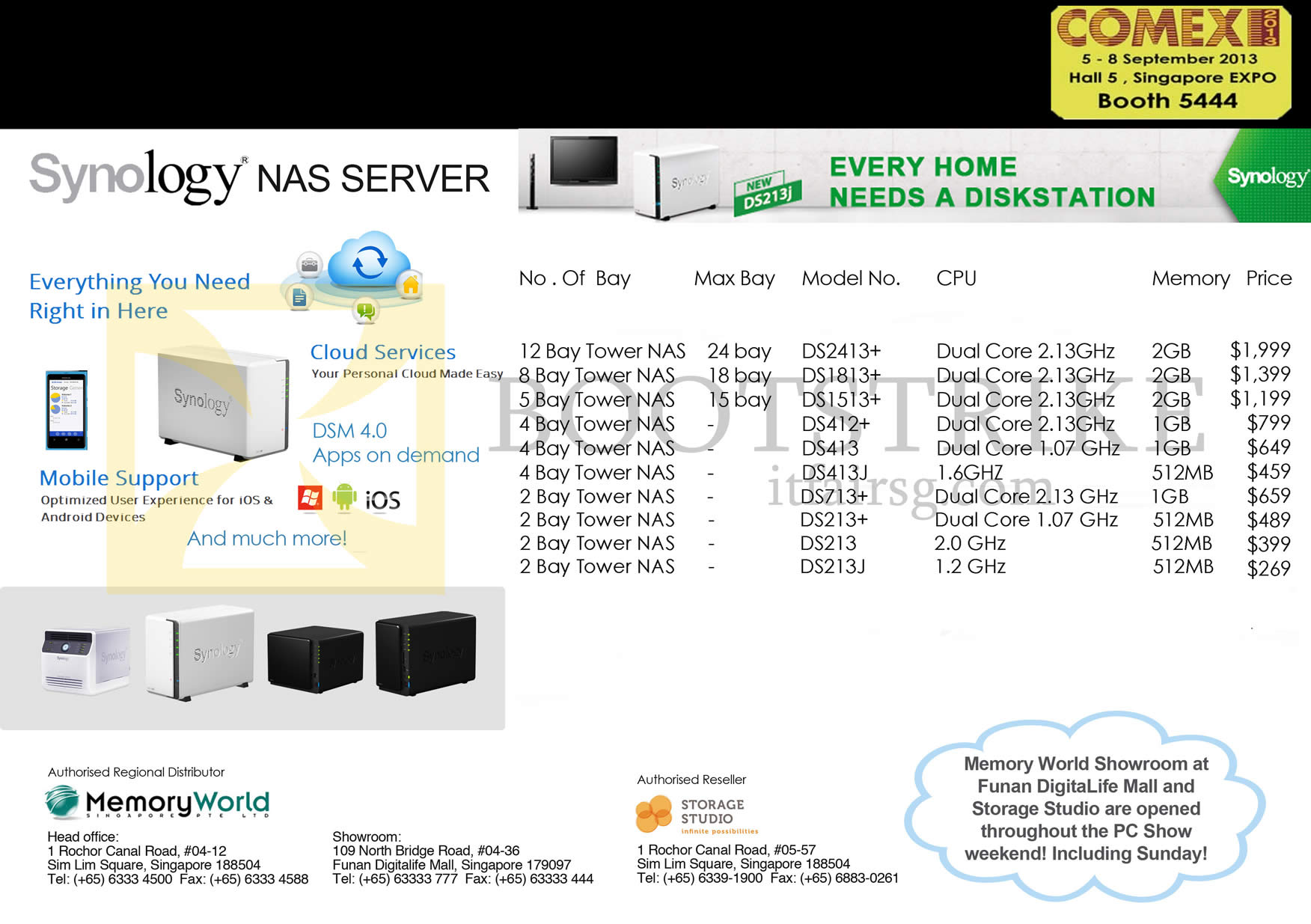 COMEX 2013 price list image brochure of Memory World Synology NAS Server DS2413, DS1813, DS1513, DS412, DS413, DS413J, DS213