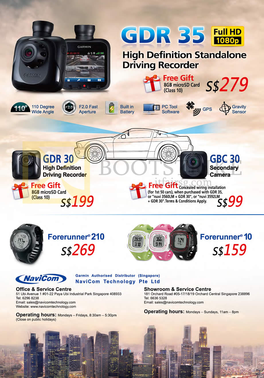 COMEX 2013 price list image brochure of Navicom Garmin Car Video Driving Recorder GDR 30, GBC 30, Forerunner 210, 10