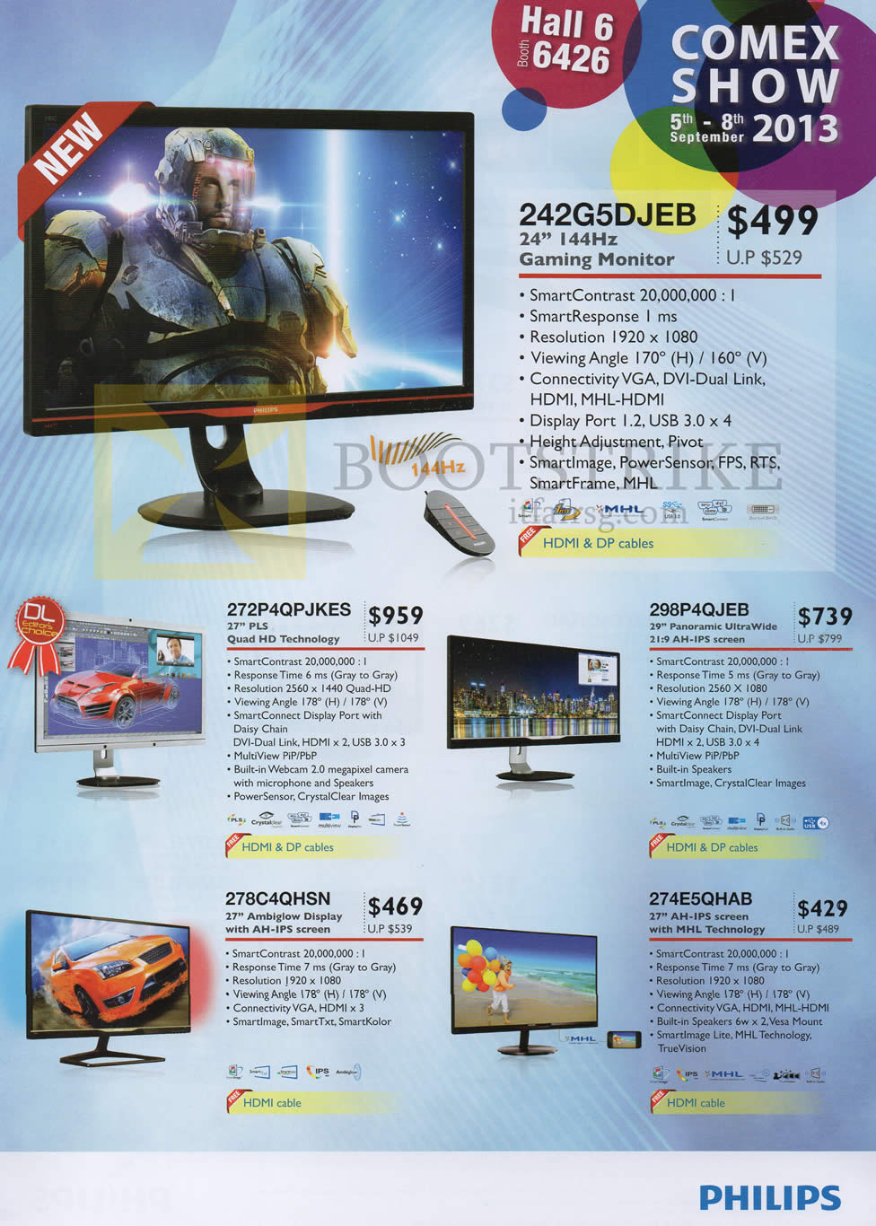 COMEX 2013 price list image brochure of Newstead Philips Monitors 242G5DJEB, 272P4QPJKES, 298P4QJEB, 278C4QHSN, 274E5QHAB