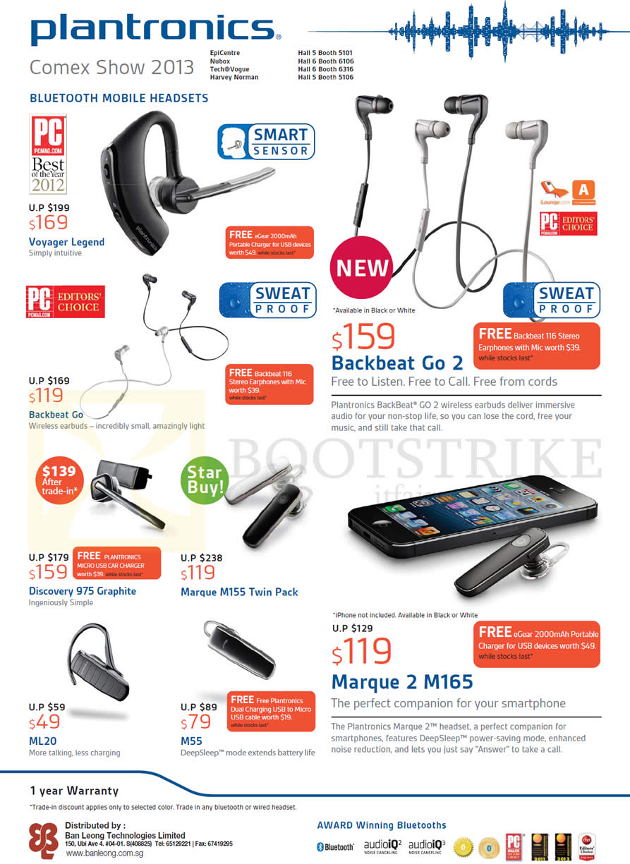 COMEX 2013 price list image brochure of Plantronics Bluetooth Headsets Price List BackBeat Go 2, Voyager Legend, Marque 2 M165, Discovery 975 Graphite, M55, ML20, M55