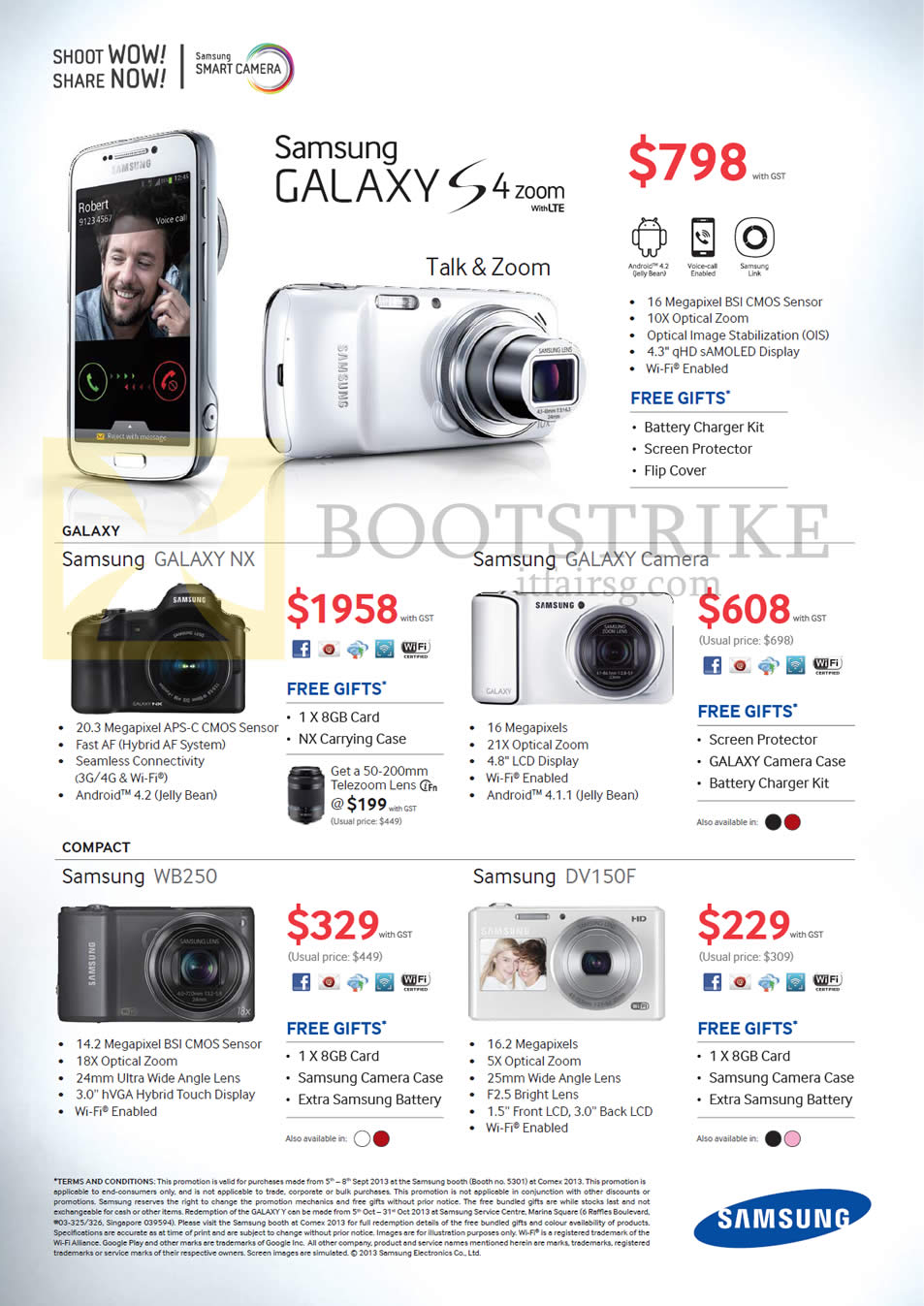 COMEX 2013 price list image brochure of Samsung Digital Cameras Galaxy S4 Zoom, Galaxy NX, Galaxy Camera, WB250, DV150F