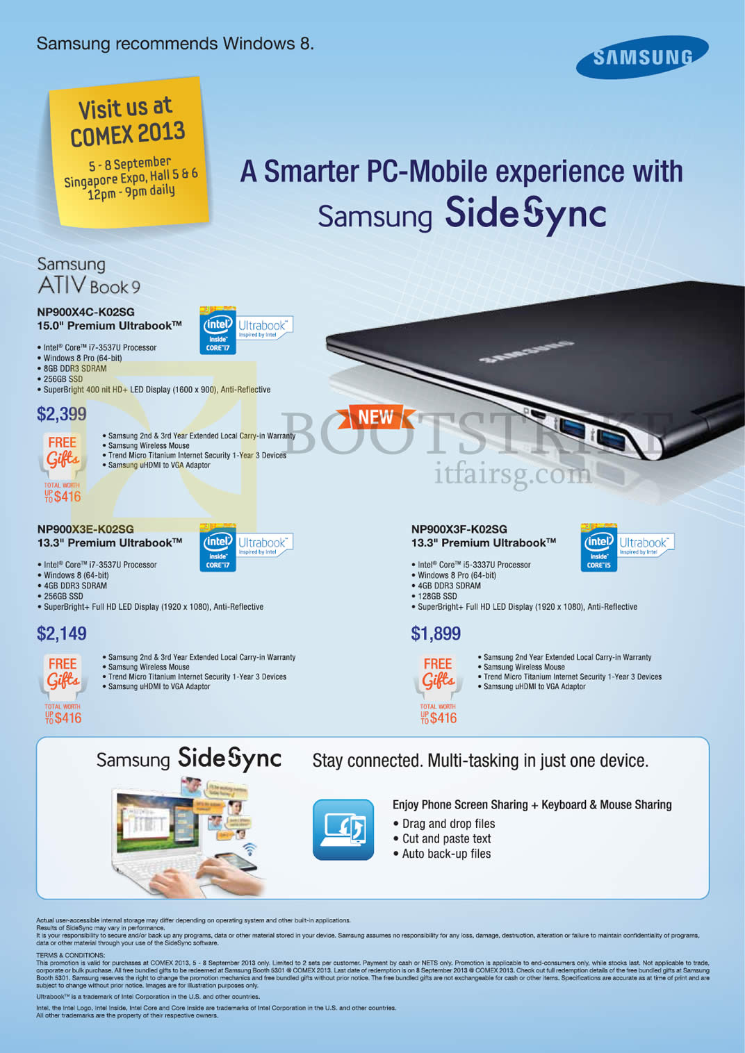 COMEX 2013 price list image brochure of Samsung Notebooks ATIV Book 9 NP900X4C-K02SG, NP900X3F-K02SG, NP900X3E-K02SG